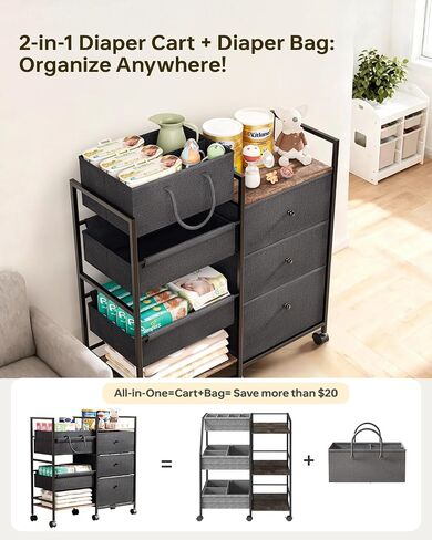2-in-1 Baby Diaper Caddy Organizer and Storage-3 Tier Rolling Baby Cart with Dividers and Drawers, Baby Essentials for Nursery Storage, Mobile Utility Cart with Wheels Large Capacity Easy To Assemble in Kuwait