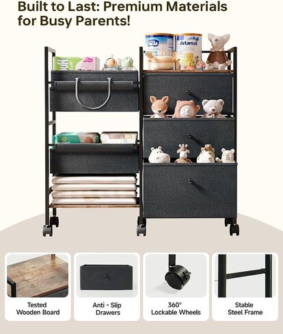 2-in-1 Baby Diaper Caddy Organizer and Storage-3 Tier Rolling Baby Cart with Dividers and Drawers, Baby Essentials for Nursery Storage, Mobile Utility Cart with Wheels Large Capacity Easy To Assemble in Kuwait
