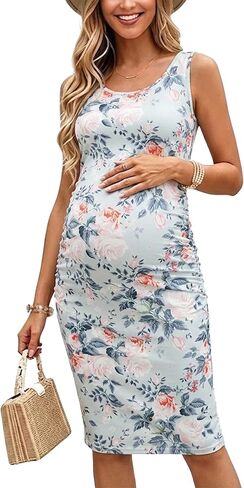 BBHoping Women's Summer Sleeveless Maternity Dress for Baby Shower | bodycon tank style,two side ruched,soft,stretchy,breathable fabric,pregnancy bump friendly,everyday wear,office in Saudi Arabia