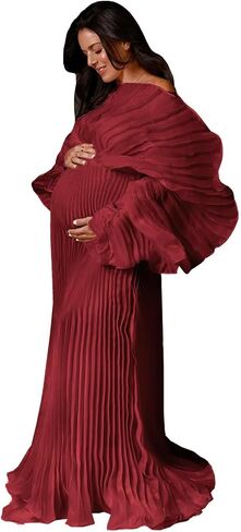 Elegant Off Shoulder Pleated Tulle Maternity Dress for Women Dressy | Off Shoulder,Pregmamcy Dress,Flare Long Sleeve, Sheer Tulle Maternity Photoshoot Gown,Loose Fit Belly Friendly Maternity Gown in Kuwait