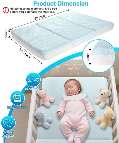 3'' Waterproof Full Size Crib Mattress for Baby, 52x27.5 Inch | Portable Crib Mattresses for Toddler, Firm Foam Standard Mattress for Toddler Bed, Travel Trifold Mattress Floor Certified in Kuwait