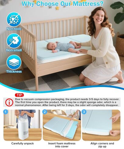 3'' Waterproof Full Size Crib Mattress for Baby, 52x27.5 Inch | Portable Crib Mattresses for Toddler, Firm Foam Standard Mattress for Toddler Bed, Travel Trifold Mattress Floor Certified in Kuwait