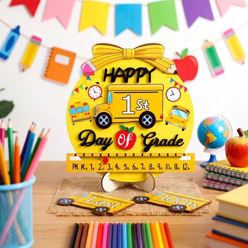 Gueevin First Day of School Sign First and Last Day of School Board with Interchangeable Sign Reusable Pink Bow Composition Notebook Back to Class Board for Preschool Kindergarten(Yellow,Bus) in Kuwait