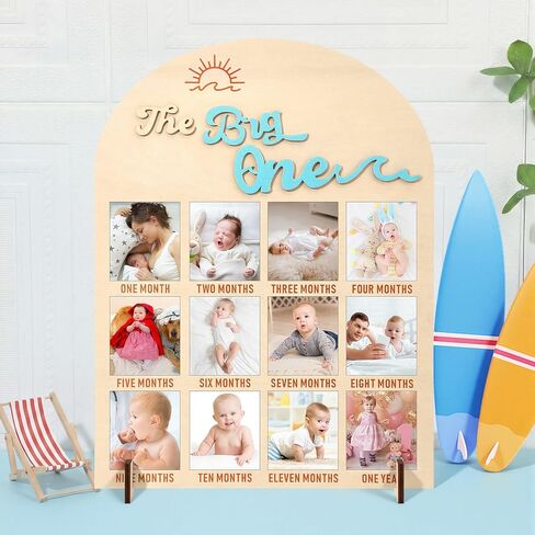Weysat The Big One My First Year Photo Board, Wood 3D Surf One Year of Photo 12 Months Monthly Milestone Board Picture Display Frame 1st Birthday Decorations Gift Summer Beach Nursery Decor in Kuwait