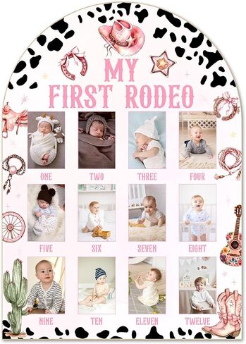 Pink My First Rodeo My First Year Photo Board, Western Cowgirl Baby 12 Months Milestone Board (2 x 3" Photo), My First Year Picture Frame, Nursery Decor for Wall Desk, Baby Keepsake Gift for Girl -01 in Kuwait