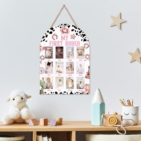 Pink My First Rodeo My First Year Photo Board, Western Cowgirl Baby 12 Months Milestone Board (2 x 3" Photo), My First Year Picture Frame, Nursery Decor for Wall Desk, Baby Keepsake Gift for Girl -01 in Kuwait