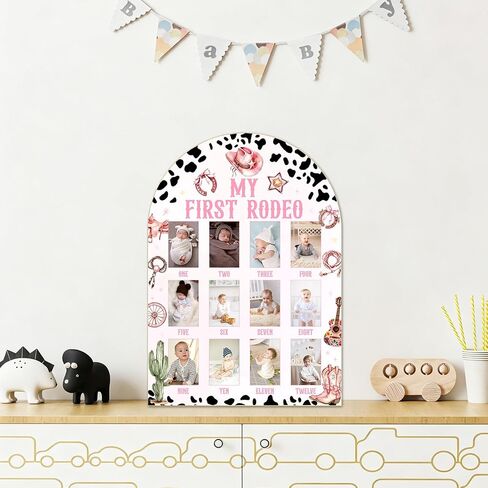 Pink My First Rodeo My First Year Photo Board, Western Cowgirl Baby 12 Months Milestone Board (2 x 3" Photo), My First Year Picture Frame, Nursery Decor for Wall Desk, Baby Keepsake Gift for Girl -01 in Kuwait