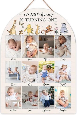 Winnie My First Year Photo Board, Our Little Hunny is Turning One Baby Monthly Milestone Sign, Wooden Picture Board for 12 Photos, Boys Girls Baby 1st Birthday Keepsake Gifts Decorations-A02 in Kuwait
