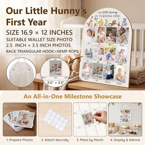 Winnie My First Year Photo Board, Our Little Hunny is Turning One Baby Monthly Milestone Sign, Wooden Picture Board for 12 Photos, Boys Girls Baby 1st Birthday Keepsake Gifts Decorations-A02 in Kuwait