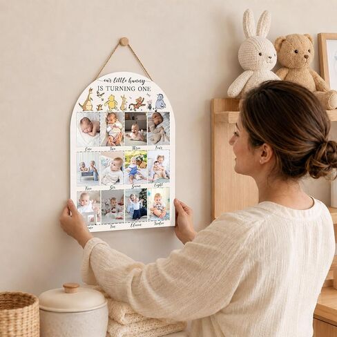 Winnie My First Year Photo Board, Our Little Hunny is Turning One Baby Monthly Milestone Sign, Wooden Picture Board for 12 Photos, Boys Girls Baby 1st Birthday Keepsake Gifts Decorations-A02 in Kuwait