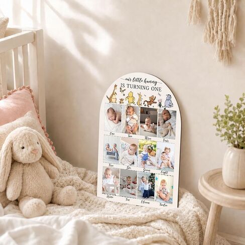 Winnie My First Year Photo Board, Our Little Hunny is Turning One Baby Monthly Milestone Sign, Wooden Picture Board for 12 Photos, Boys Girls Baby 1st Birthday Keepsake Gifts Decorations-A02 in Kuwait