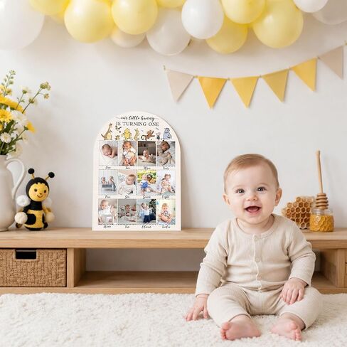 Winnie My First Year Photo Board, Our Little Hunny is Turning One Baby Monthly Milestone Sign, Wooden Picture Board for 12 Photos, Boys Girls Baby 1st Birthday Keepsake Gifts Decorations-A02 in Kuwait