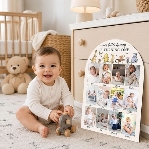 Winnie My First Year Photo Board, Our Little Hunny is Turning One Baby Monthly Milestone Sign, Wooden Picture Board for 12 Photos, Boys Girls Baby 1st Birthday Keepsake Gifts Decorations-A02 in Kuwait