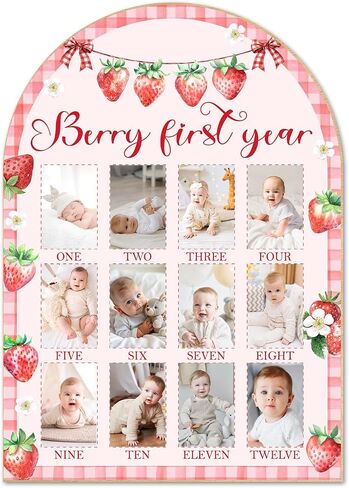 Berry First Year Photo Board - Newborn 12 Months Milestone Wooden Photo Board, Strawberry Theme First Birthday Decorations, Baby Keepsake Gift Supply (Fit 2x3in Pic) -17 in Kuwait