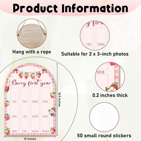 Berry First Year Photo Board - Newborn 12 Months Milestone Wooden Photo Board, Strawberry Theme First Birthday Decorations, Baby Keepsake Gift Supply (Fit 2x3in Pic) -17 in Kuwait