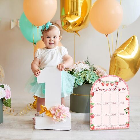 Berry First Year Photo Board - Newborn 12 Months Milestone Wooden Photo Board, Strawberry Theme First Birthday Decorations, Baby Keepsake Gift Supply (Fit 2x3in Pic) -17 in Kuwait