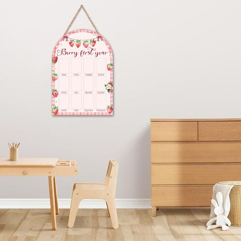 Berry First Year Photo Board - Newborn 12 Months Milestone Wooden Photo Board, Strawberry Theme First Birthday Decorations, Baby Keepsake Gift Supply (Fit 2x3in Pic) -17 in Kuwait