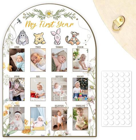 Cute Winnie My First Year Photo Board, 12 Months Baby Milestone Display,1st Birthday Decorations for Girls,the pooh Inspired Arch Wooden Board,Flower Nursery Keepsake Decor,Sweet Gifts for Baby Girl in Kuwait