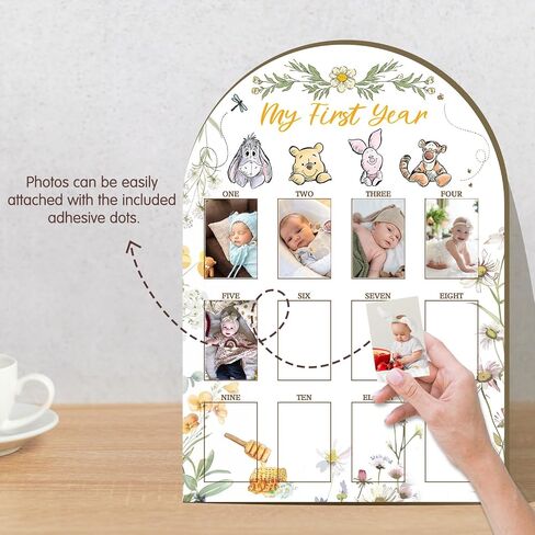 Cute Winnie My First Year Photo Board, 12 Months Baby Milestone Display,1st Birthday Decorations for Girls,the pooh Inspired Arch Wooden Board,Flower Nursery Keepsake Decor,Sweet Gifts for Baby Girl in Kuwait
