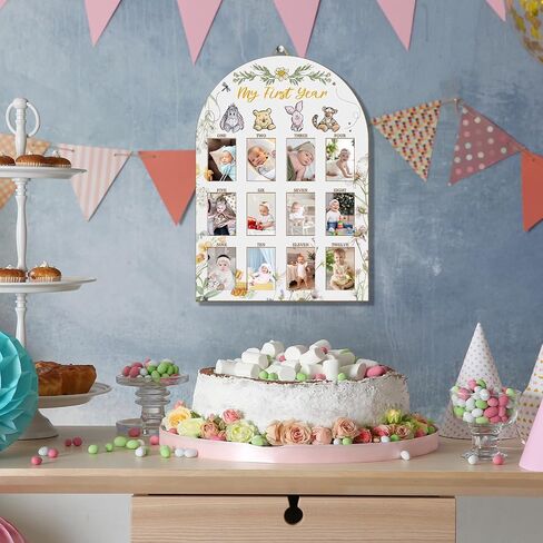 Cute Winnie My First Year Photo Board, 12 Months Baby Milestone Display,1st Birthday Decorations for Girls,the pooh Inspired Arch Wooden Board,Flower Nursery Keepsake Decor,Sweet Gifts for Baby Girl in Kuwait