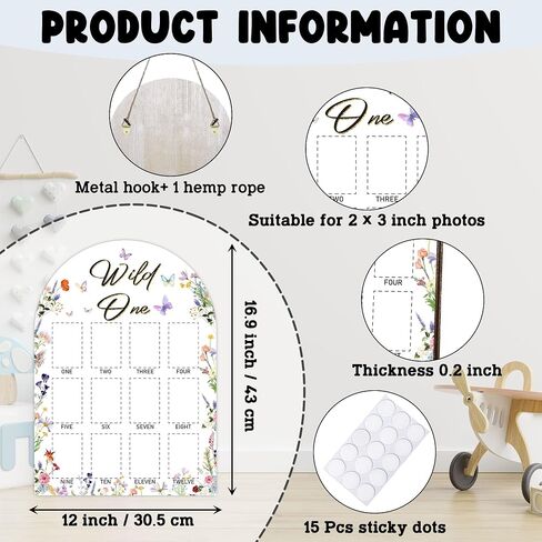 Wild One My First Year Photo Board, Wildflower Baby Milestone Signs for Boys Girls Nursery Decor, 12 Month Wooden Picture Board for 2x3 Photos, Best Babies Keepsake Gifts-A19 in Kuwait