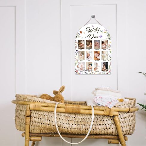 Wild One My First Year Photo Board, Wildflower Baby Milestone Signs for Boys Girls Nursery Decor, 12 Month Wooden Picture Board for 2x3 Photos, Best Babies Keepsake Gifts-A19 in Kuwait