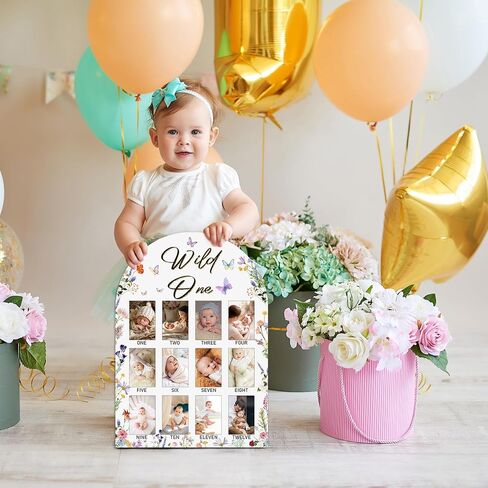 Wild One My First Year Photo Board, Wildflower Baby Milestone Signs for Boys Girls Nursery Decor, 12 Month Wooden Picture Board for 2x3 Photos, Best Babies Keepsake Gifts-A19 in Kuwait