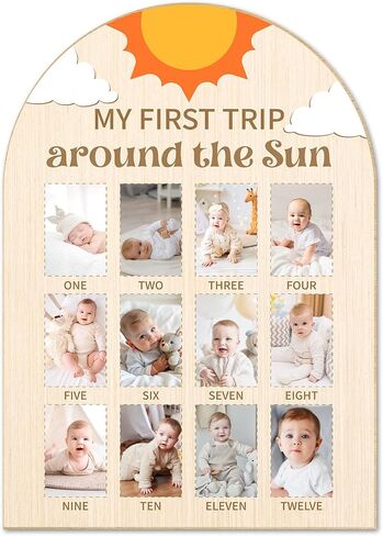 My First Trip Around the Sun Photo Board - Newborn 12 Months Milestone Wooden Photo Board, First Birthday Decorations, Baby Keepsake Gift Supply (Fit 2x3in Pic) -04 in Kuwait