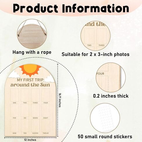 My First Trip Around the Sun Photo Board - Newborn 12 Months Milestone Wooden Photo Board, First Birthday Decorations, Baby Keepsake Gift Supply (Fit 2x3in Pic) -04 in Kuwait