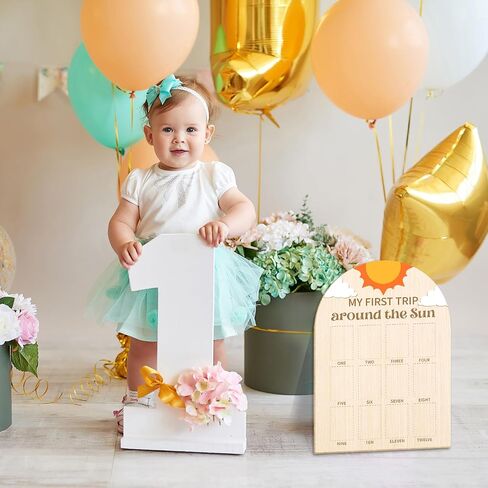 My First Trip Around the Sun Photo Board - Newborn 12 Months Milestone Wooden Photo Board, First Birthday Decorations, Baby Keepsake Gift Supply (Fit 2x3in Pic) -04 in Kuwait