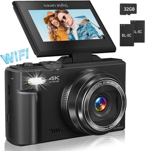 Digital Camera for Photography, 4K Vlogging Camera for YouTube 3" 180° Flip Screen 18X Digital Zoom Compact Retro Cameras with 32GB TF Card & 2 Batteries, Black in Saudi Arabia