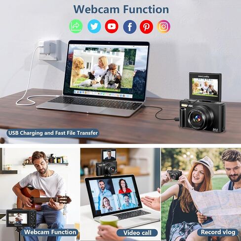 Digital Camera for Photography, 4K Vlogging Camera for YouTube 3" 180° Flip Screen 18X Digital Zoom Compact Retro Cameras with 32GB TF Card & 2 Batteries, Black in Saudi Arabia