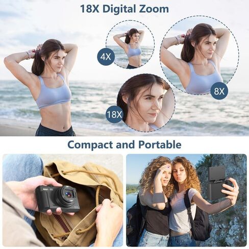 Digital Camera for Photography, 4K Vlogging Camera for YouTube 3" 180° Flip Screen 18X Digital Zoom Compact Retro Cameras with 32GB TF Card & 2 Batteries, Black in Saudi Arabia