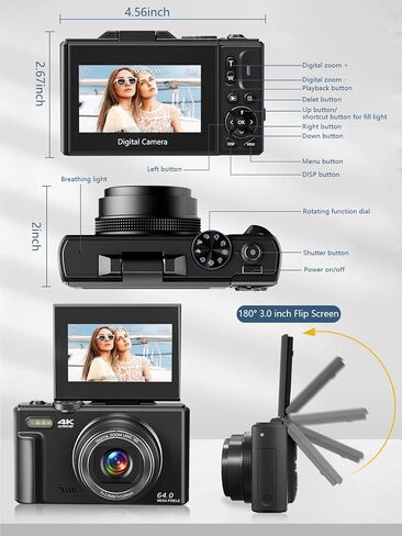 Digital Camera for Photography, 4K Vlogging Camera for YouTube 3" 180° Flip Screen 18X Digital Zoom Compact Retro Cameras with 32GB TF Card & 2 Batteries, Black in Saudi Arabia