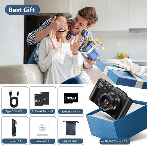Digital Camera for Photography, 4K Vlogging Camera for YouTube 3" 180° Flip Screen 18X Digital Zoom Compact Retro Cameras with 32GB TF Card & 2 Batteries, Black in Saudi Arabia