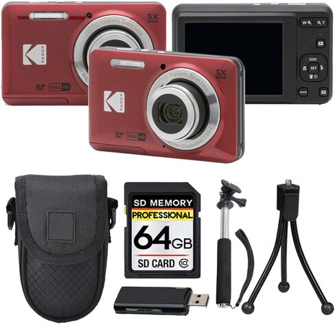 Kodak PIXPRO FZ55 Digital Camera, 16MP Compact Point & Shoot, 5X Optical Zoom, 28mm Wide Angle Lens, 1080P HD Video, Red + 64GB SD Card, Case, Selfie Stick, Mini Tripod & USB Card Reader in Kuwait