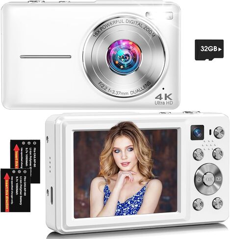 Digital Camera, 4K 64MP Autofocus 16X Zoom Camera with Dual Lens(Pink) | 2026 Latest Anti-Shake Point Shoot Camera, Compact Travel Vlogging Camera for Teens Adults Beginner, 32GB Card, 2 Batteries in Kuwait