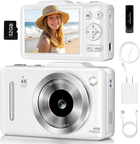 Digital Camera 4K Autofocus Vlogging Camera for Photography with 16X Zoom Anti Shake, 32GB Card, 48MP Compact Portable Point and Shoot Camera for Kids Boys Girls Teens Beginner（White） in Kuwait