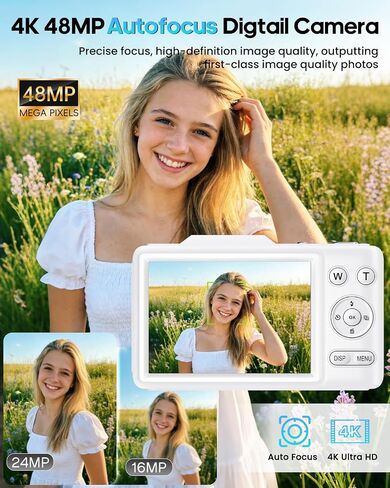 Digital Camera 4K Autofocus Vlogging Camera for Photography with 16X Zoom Anti Shake, 32GB Card, 48MP Compact Portable Point and Shoot Camera for Kids Boys Girls Teens Beginner（White） in Kuwait
