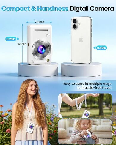 Digital Camera 4K Autofocus Vlogging Camera for Photography with 16X Zoom Anti Shake, 32GB Card, 48MP Compact Portable Point and Shoot Camera for Kids Boys Girls Teens Beginner（White） in Kuwait