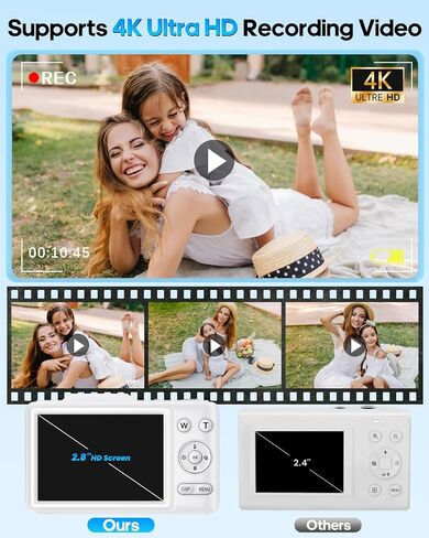Digital Camera 4K Autofocus Vlogging Camera for Photography with 16X Zoom Anti Shake, 32GB Card, 48MP Compact Portable Point and Shoot Camera for Kids Boys Girls Teens Beginner（White） in Kuwait