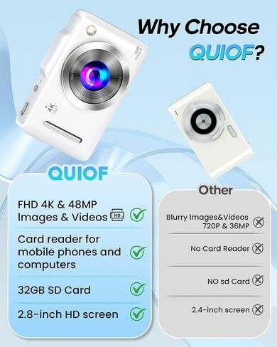 Digital Camera 4K Autofocus Vlogging Camera for Photography with 16X Zoom Anti Shake, 32GB Card, 48MP Compact Portable Point and Shoot Camera for Kids Boys Girls Teens Beginner（White） in Kuwait
