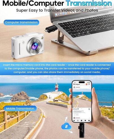 Digital Camera 4K Autofocus Vlogging Camera for Photography with 16X Zoom Anti Shake, 32GB Card, 48MP Compact Portable Point and Shoot Camera for Kids Boys Girls Teens Beginner（White） in Kuwait
