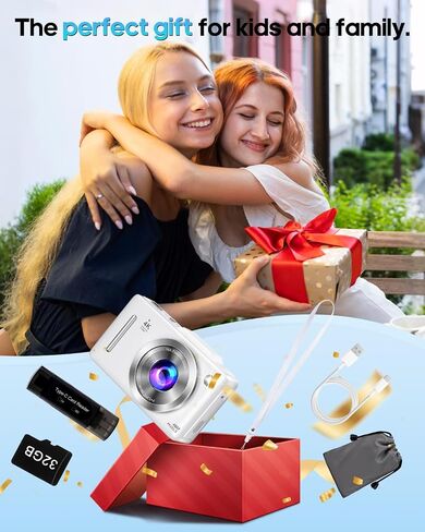 Digital Camera 4K Autofocus Vlogging Camera for Photography with 16X Zoom Anti Shake, 32GB Card, 48MP Compact Portable Point and Shoot Camera for Kids Boys Girls Teens Beginner（White） in Kuwait
