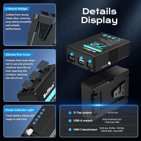 V Mount Battery 72Wh 4900mAh with 45W PD Fast Charging, D-TAP/USB-C/USB-A Port, 450g Lightweight V-Mount Compact Battery for Camera Camcorder, Monitor, Video Light (BP72) in Saudi Arabia