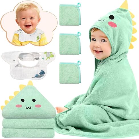 5 Pcs Baby Towel Set, 32x32 in Hooded Bath Towel, 3 Pcs Baby Washcloths and Cotton Baby Bibs for Newborns, Toddlers and Kids, Soft Baby Towels and Washcloths Set for Boys and Girls (Green Dinosaur) in Kuwait