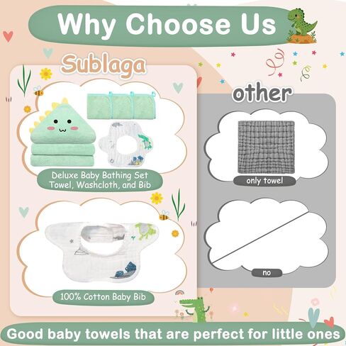 5 Pcs Baby Towel Set, 32x32 in Hooded Bath Towel, 3 Pcs Baby Washcloths and Cotton Baby Bibs for Newborns, Toddlers and Kids, Soft Baby Towels and Washcloths Set for Boys and Girls (Green Dinosaur) in Kuwait