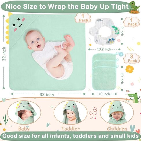 5 Pcs Baby Towel Set, 32x32 in Hooded Bath Towel, 3 Pcs Baby Washcloths and Cotton Baby Bibs for Newborns, Toddlers and Kids, Soft Baby Towels and Washcloths Set for Boys and Girls (Green Dinosaur) in Kuwait