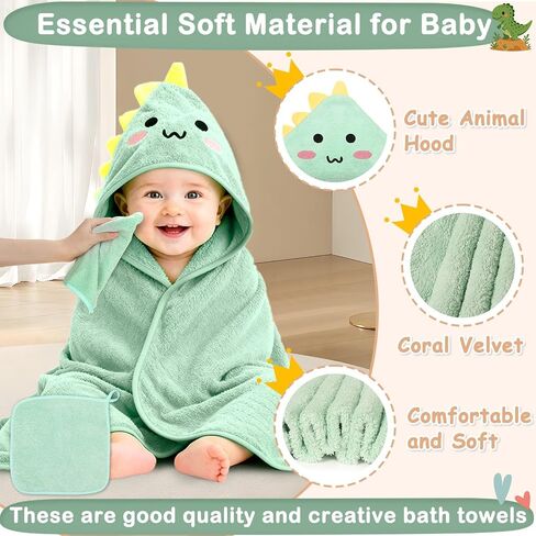 5 Pcs Baby Towel Set, 32x32 in Hooded Bath Towel, 3 Pcs Baby Washcloths and Cotton Baby Bibs for Newborns, Toddlers and Kids, Soft Baby Towels and Washcloths Set for Boys and Girls (Green Dinosaur) in Kuwait