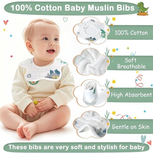 5 Pcs Baby Towel Set, 32x32 in Hooded Bath Towel, 3 Pcs Baby Washcloths and Cotton Baby Bibs for Newborns, Toddlers and Kids, Soft Baby Towels and Washcloths Set for Boys and Girls (Green Dinosaur) in Kuwait